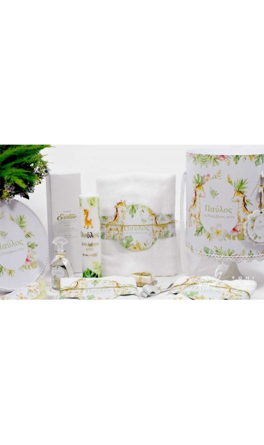 Trusou botez cu girafa si puiul ei cu frunze exotice de palmier si efecte watercolor Jungle Baby Giraffe 11